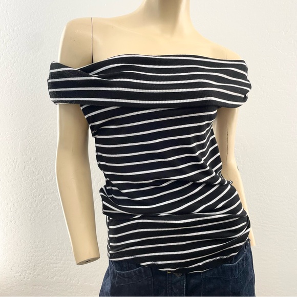 Free People Black and White Off-Shoulder Striped Blouse- L - Picture 6 of 13